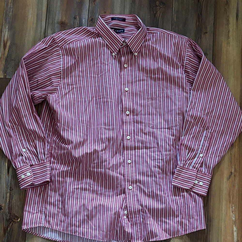 Chaps Red and White Striped Casual Button Down Shirt 16-16.5 neck 32/33 Large